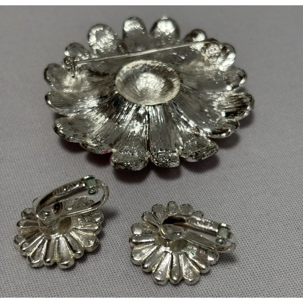 Vintage Orange Pink Rhinestone Flower Pin‎ Clip On Earring Set Colorful Spring
